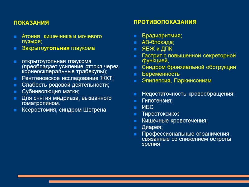 ПОКАЗАНИЯ  Атония  кишечника и мочевого пузыря; Закрытоугольная глаукома   открытоугольная глаукома